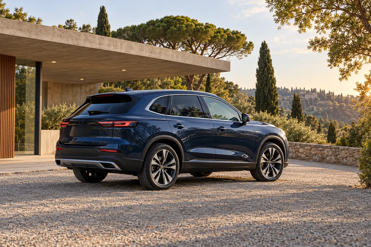Scena illustrativa: SUV blu in un contesto di architettura moderna